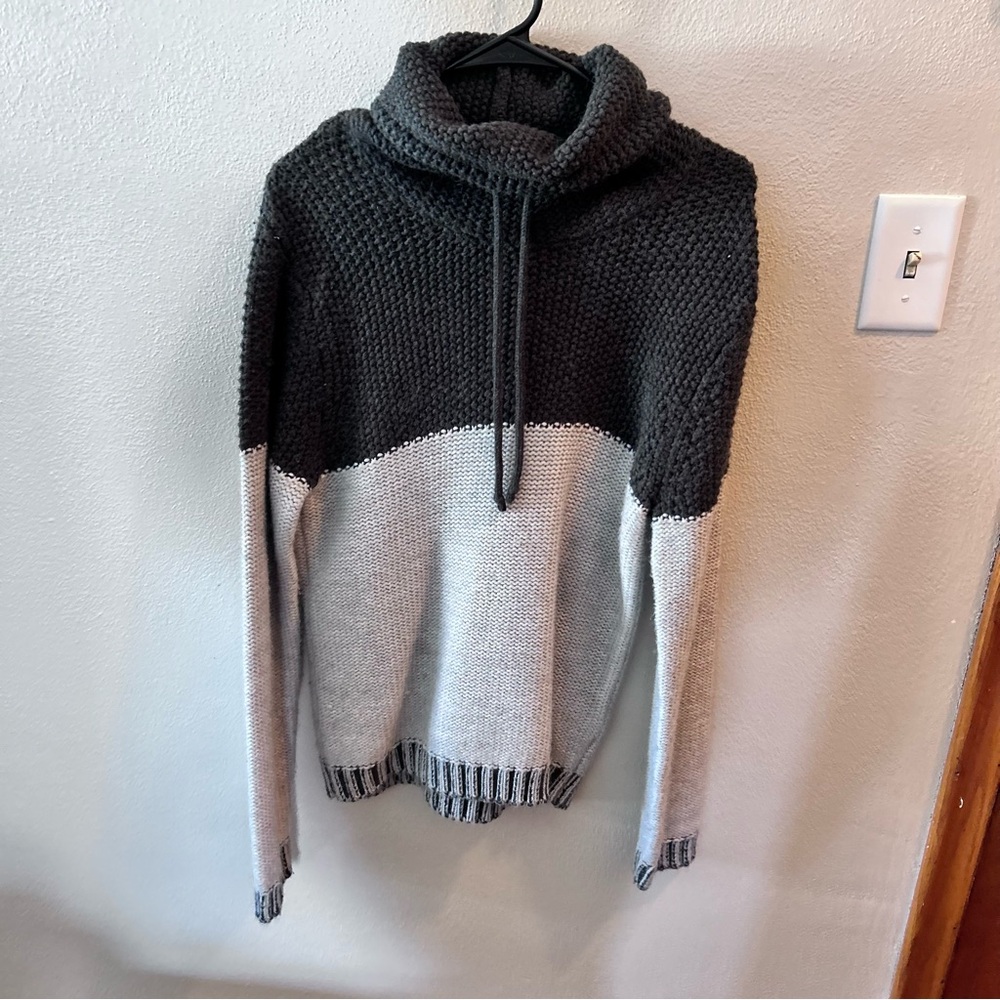 Gray and White Turtleneck Knit Sweater
